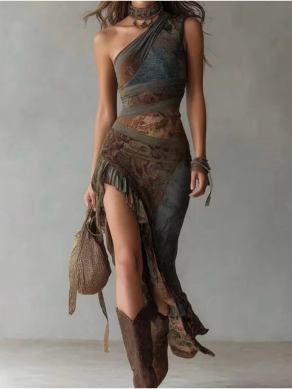 One-Shoulder Boho Olive-Brown Asymmetrical Dress